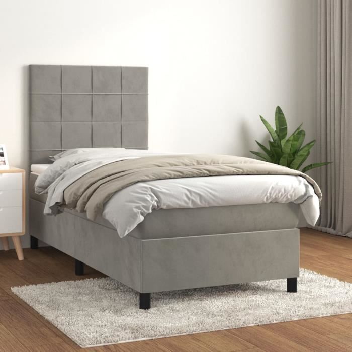 3143001 vidaXL Lit à sommier tapissier et matelas Gris clair 90x200 cm Velours.