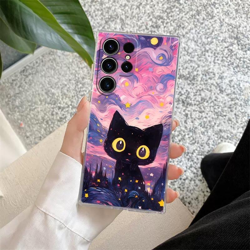 Retro Oil Painting Starry Sky Cat Clear Case For Samsung Galaxy S26 S25 S24 S23 Ultra S20 S21 FE S22 Plus S26 Ultra Phone Cover