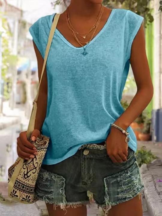 T-shirt estiva tinta unita con scollo a V, top da donna allentato, resistente all'usura, confortevole