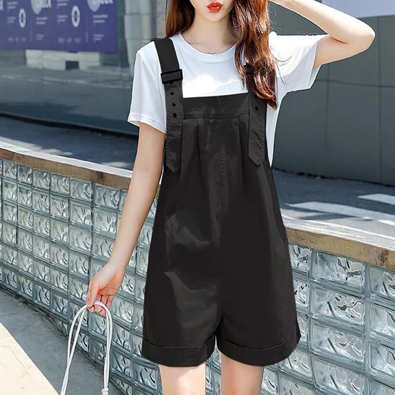 Green Plus Size Petite Cotton Workwear Overalls Shorts for Women - Summer High Waist, Loose Wide-Leg Style 