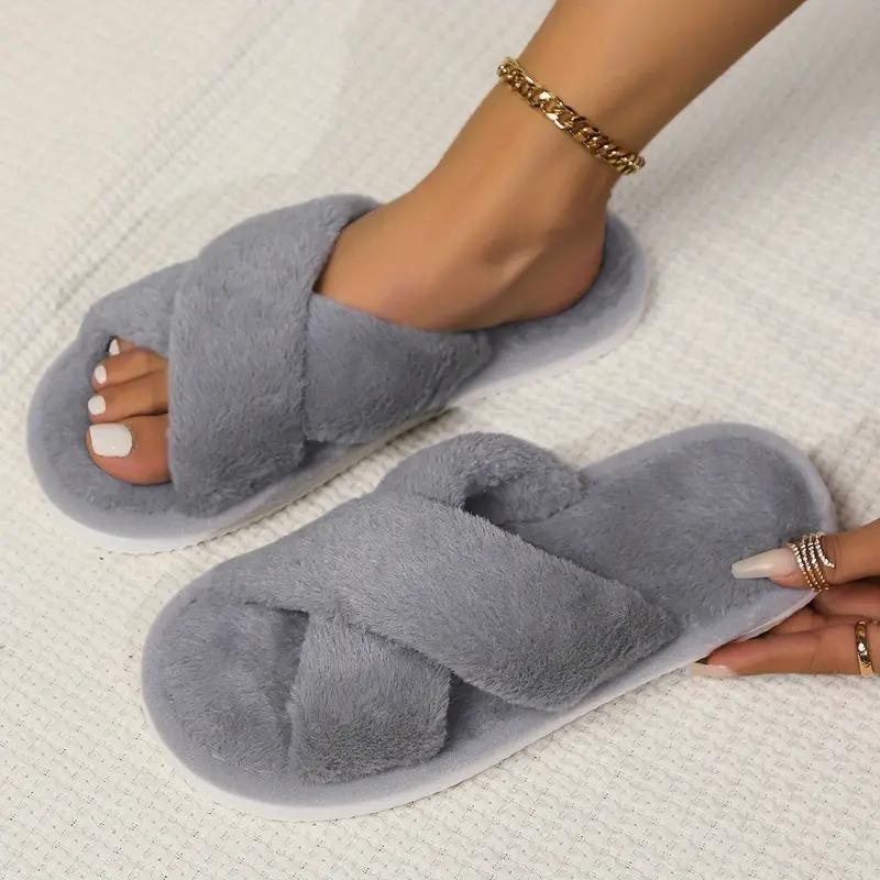 Pantofole da interno in peluche con incrocio invernale, comode e calde, con suola morbida e pelosa, antiscivolo, per la casa