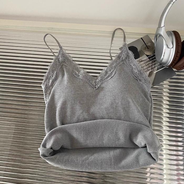 

Женская майка с V-образным вырезом, кружевом и нагрудной подкладкой – Лето 2024 г. One Size серый