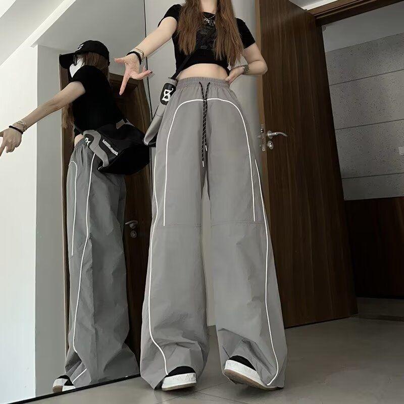 Unisex American-Style Drawstring Wide-Leg Athletic Pants - Loose Fit, Unique Design, Functional Lightweight with Reflective Details