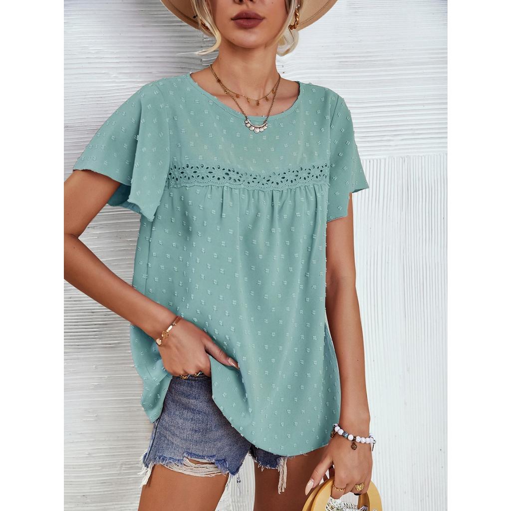 Summer Women's Loose Casual T-Shirt, European American Style Lace Crew Neck Flounce Sleeve Jacquard Dot Lace Trim Top