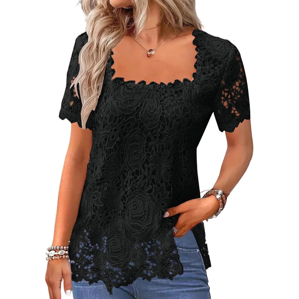 Ladies' Color Casual Elegant T-shirt Lace Top