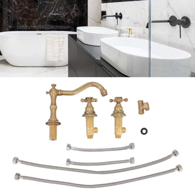 Double Handle Faucet Copper Leakproof Corrosion Resistant Beautiful G1/2 Thread Three Hole Bathroom Basin Faucet Antique
