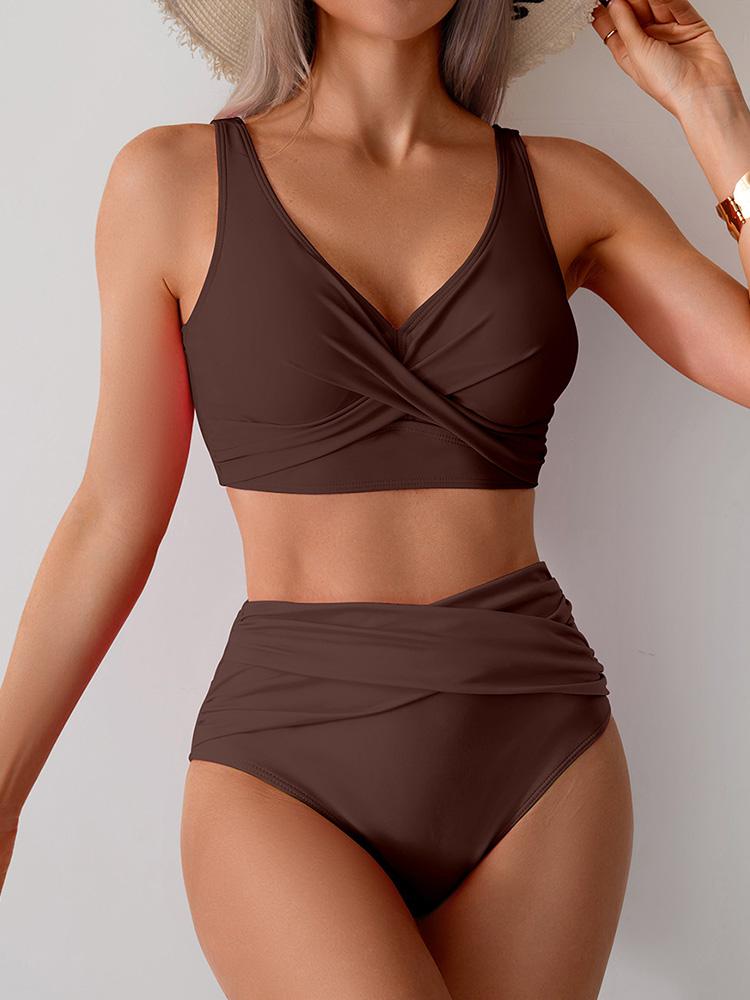 

Сексуальный комплект бикини с высокой талией и V-образным вырезом, комплект из 2 предметов, женский раздельный купальник, пляжный купальник с открытой спиной, 2025, новый летний комплект бикини Swimwea S кофейный