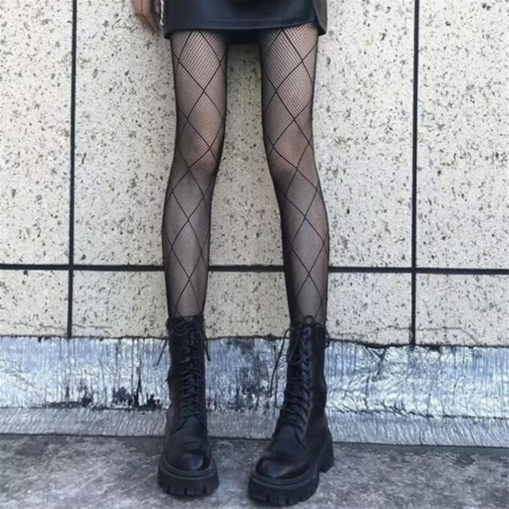 New Arrivals Open Run Women Check Pattern Fractal Mesh Stockings Party Look