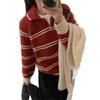College style striped contrasting color pullover sweater women's autumn and winter new half-zipper polo lapel knitted sweater