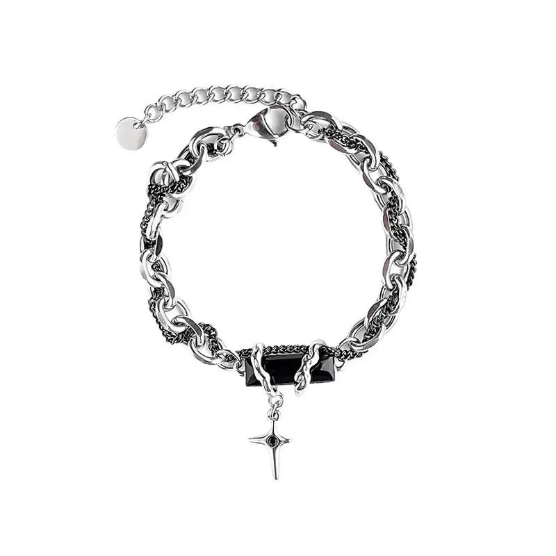 Bracciale Uomo Retro Zircone Nero Catena a Stella Donna Acciaio Inossidabile Braccialetti Punk su Mano Gioielli Unisex Accessori per Coppia