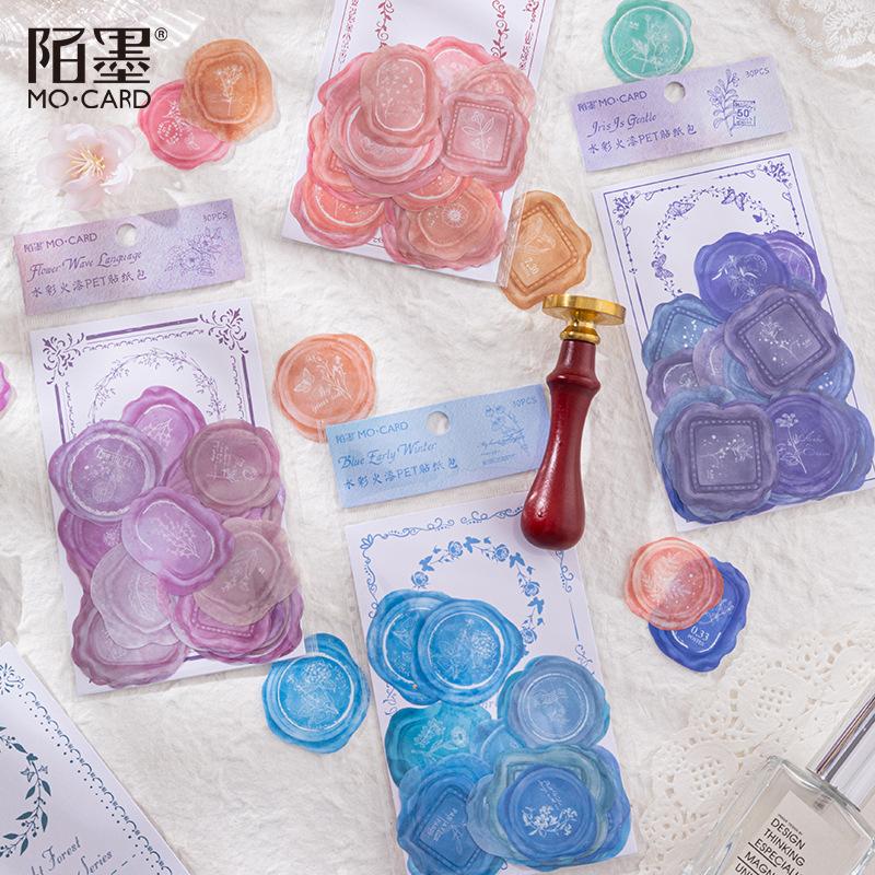 30 Pieces White Ink Watercolor Wax Seal Stickers Vintage Letter & Emblem Design For Gift Box Sealing Envelope Decor