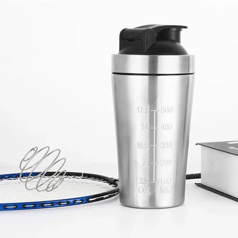 Protein Powder Shaker Bottle 500/750ml Leak Proof Water Bottle for Gym Fitness Sport Whey Shakes Cup with Scale Stainless Steel