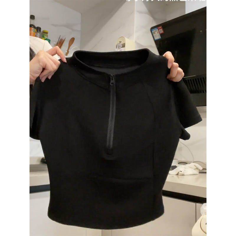 

Женская футболка с коротким рукавом на молнии, черная однотонная, летняя, приталенного дизайна, до талии XL чёрный