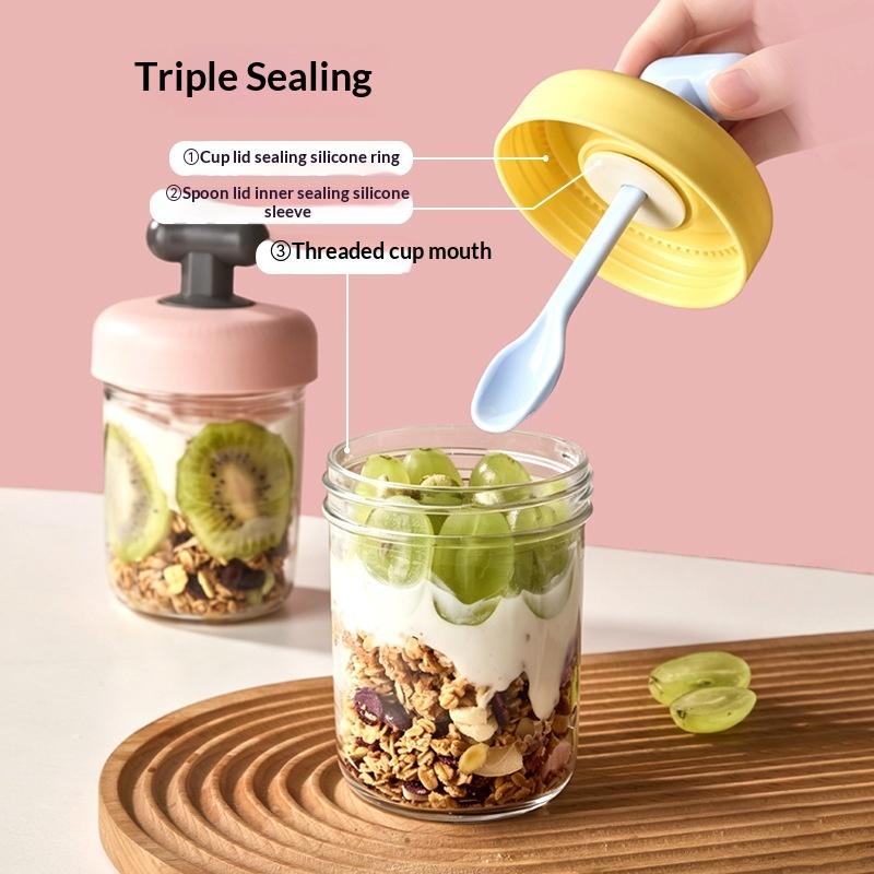 High Value Transparent Glass Oat Cup With Lid And Spoon Good Sealing With Scale Multicolor Optional Breakfast Cup