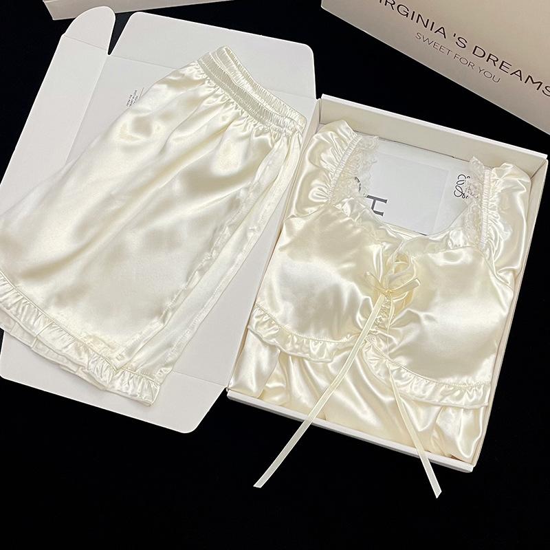 Koszula nocna z krótkim rękawem Damska Jedwab lodowy Letnia Koronka Styl księżniczki Cienka Piżama Zestaw dwuczęściowy Damska