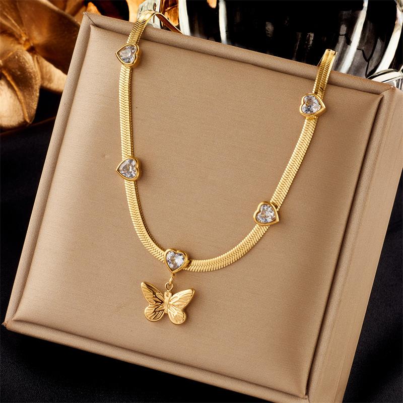 

Gold Plated Herringbone Chain Necklace with Butterfly Pendant & Heart CZ, Dainty Butterfly Choker, Fashion Jewelry for Women Gift прозрачный