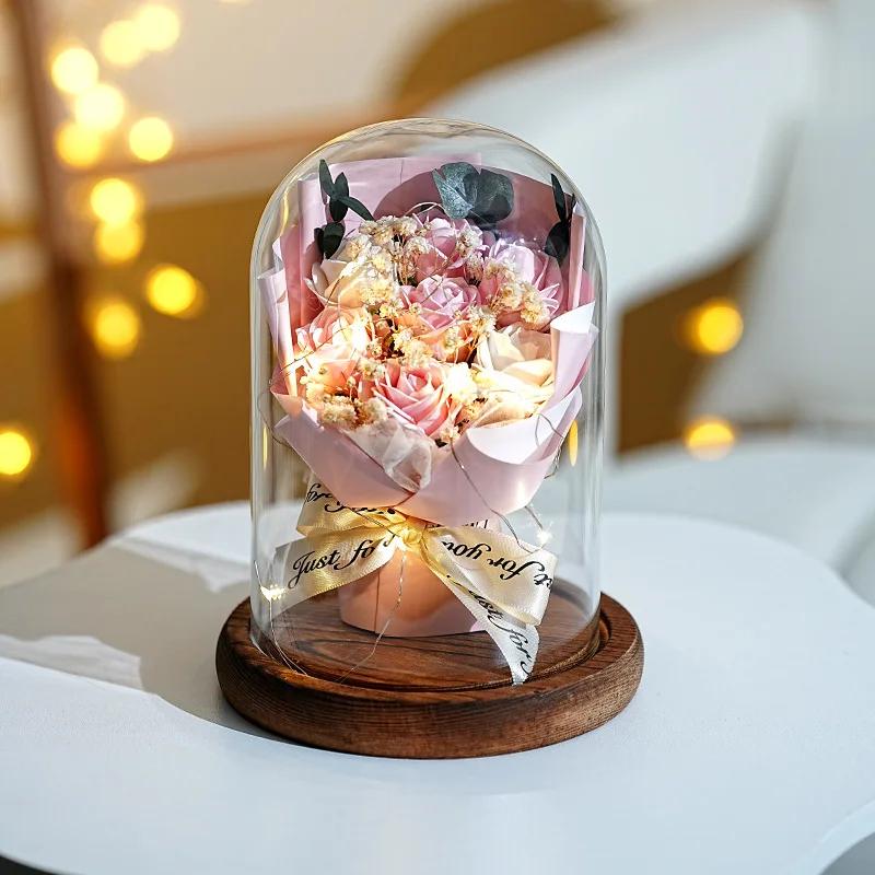 Real Dried Sunflower Bouquet with LED Light Real Eternal Roses Lamp Sunflower Glass Cover Graduation Valentine's Mother's Gift