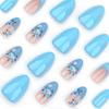 24Pcs French Tip Blue Flower Press On Nail Short Almond Shape Stick on Nail Manicure Nail Decoration for Women