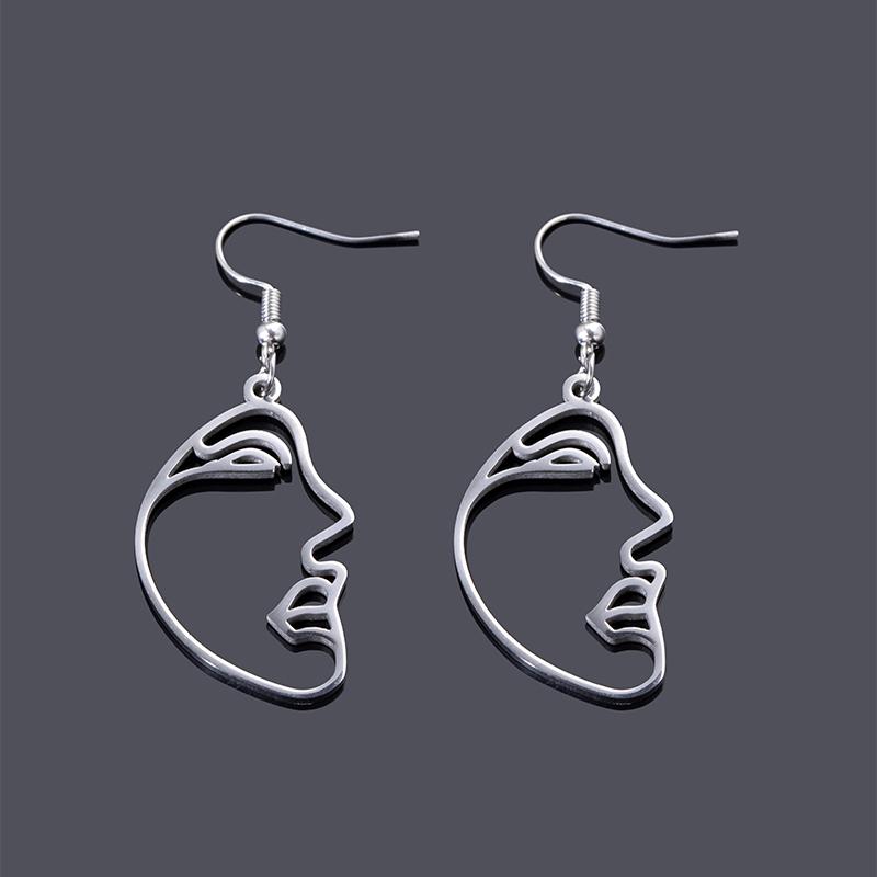 Fashion Silver Color Hollow Abstract Face Dangle Earrings Stainless Steel Earrings For Women Hip Hop Jewelry