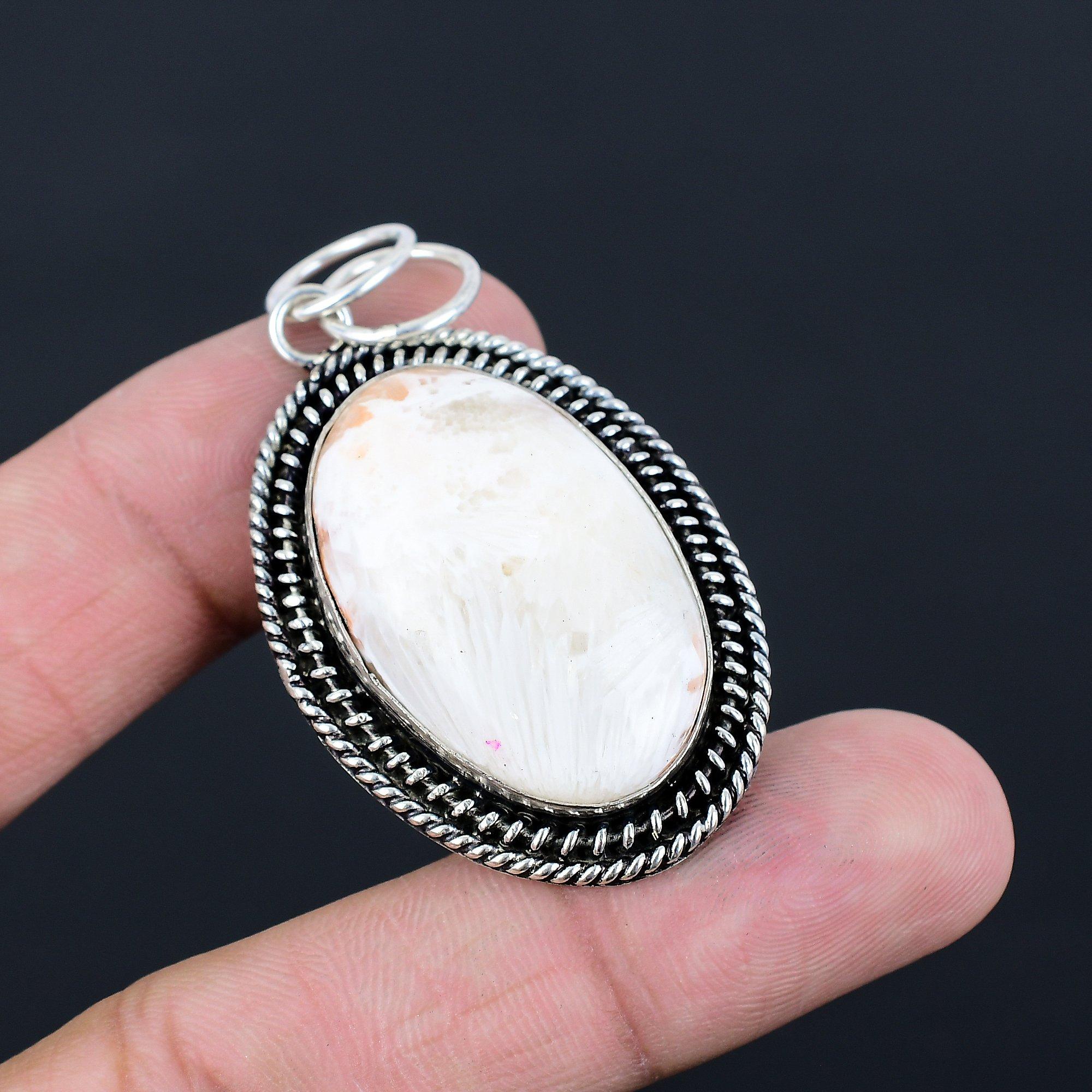 Sterling Silver Oval Scolecite Stone Crown Chakra Boho Bezel New Pendant Jewelry