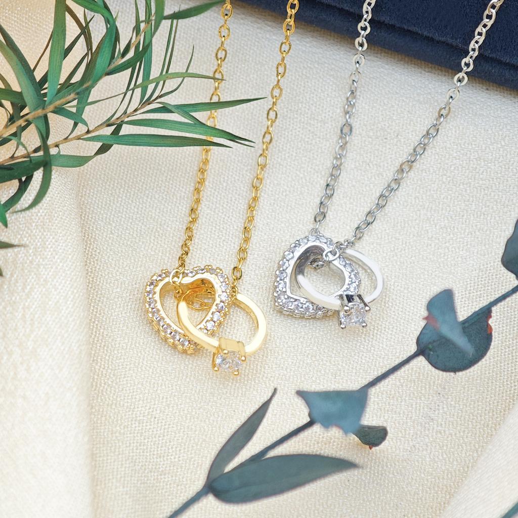 Women Interlocking Heart Ring Pendant Necklace Inlaid Zircon Fashion Love Necklace Valentine's Day Jewelry Gift