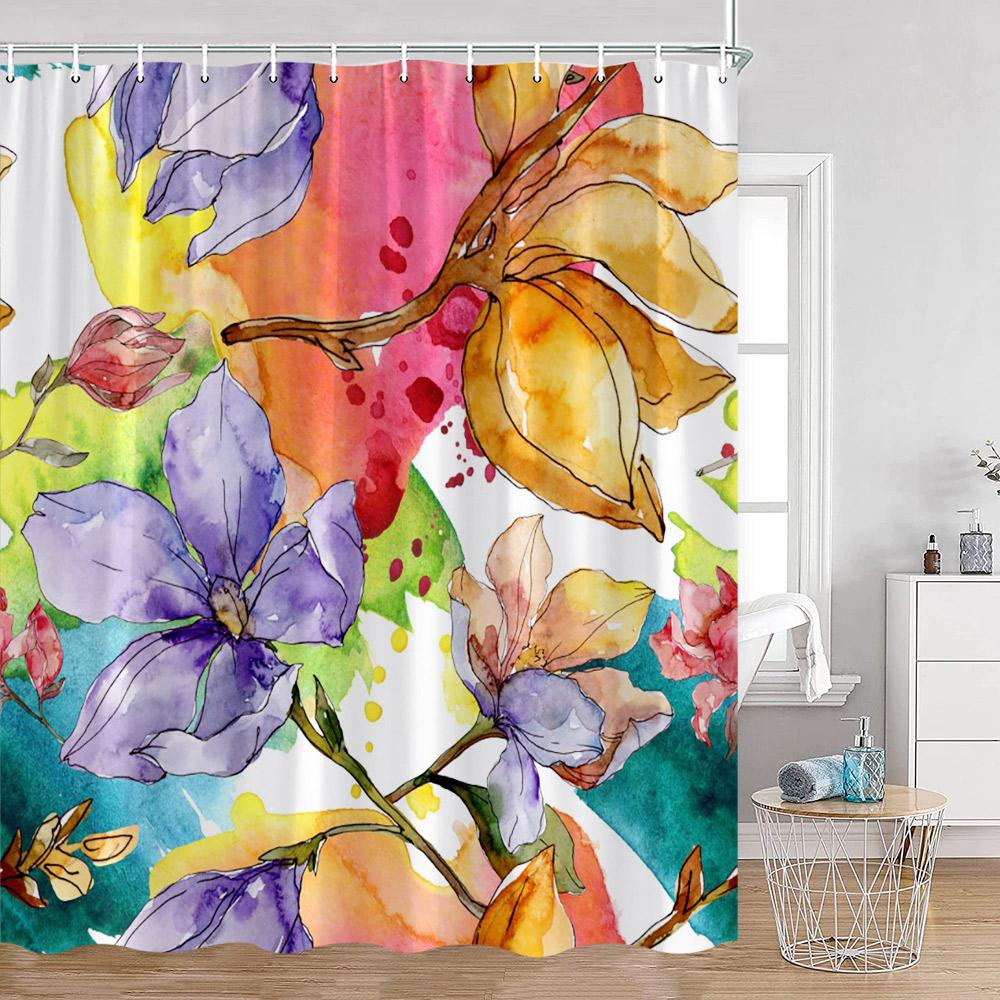 Floral Shower Curtain Colorful Flowers Birds Butterfly Botanical Green Leaves Bathroom Curtains Modern Bathtub Decor with Hooks