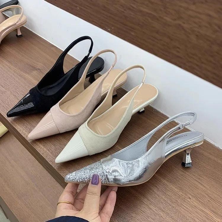 Fashion Fashion Pointed Toe Leather Faux Suede Splicing Women Pumps Elegant Slingback Buckle Strap Kitten Heel Mules Sandals for Women
