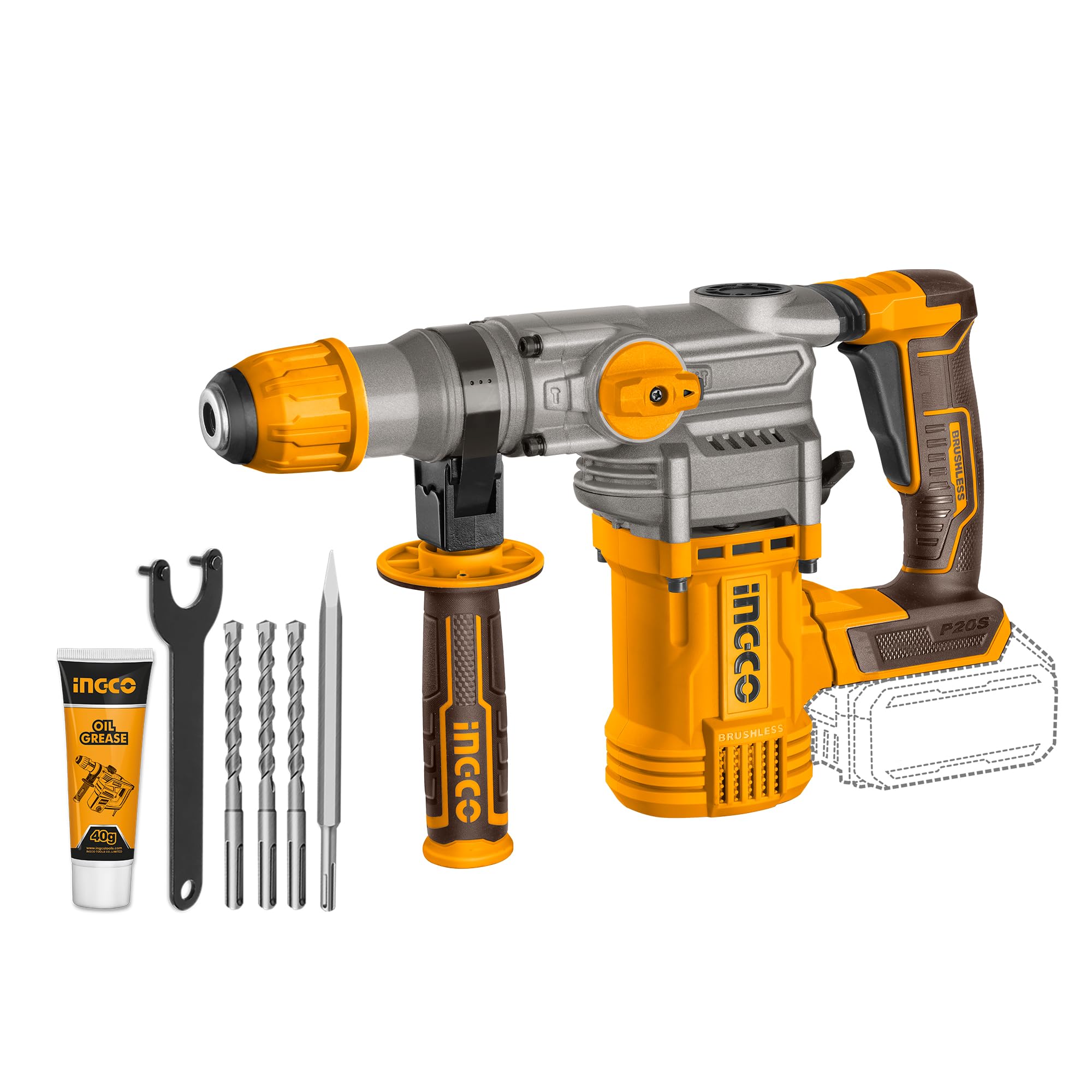 

Бесщеточный роторный перфоратор INGCO 20 В, 28 мм, 930 4400, регулировка функций CRHLI20288, литий-ионный, (Только тело), 4.5 Дж, об/мин, уд/мин, ручка 3-в-1,