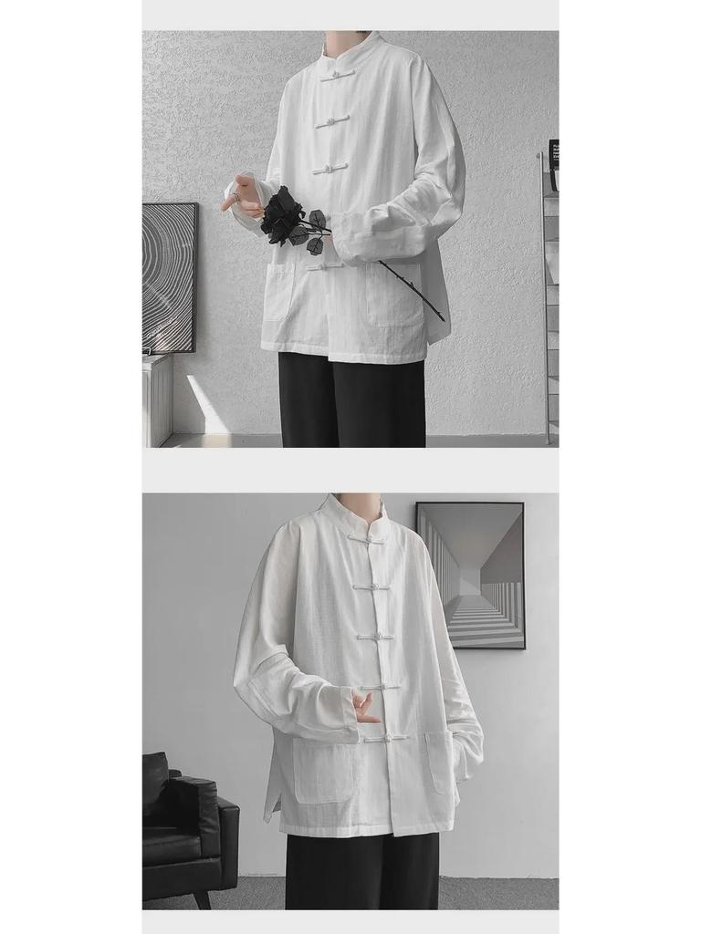 Herren Langarm Leinen Chinesische geknöpfte Hanfu Tang Jacke, Übergröße