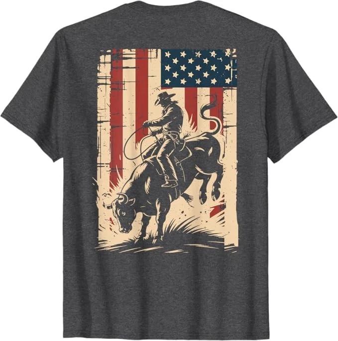 American Flag Bull Riding Cowboy Patriotic Rodeo Bull Rider T-Shirt M