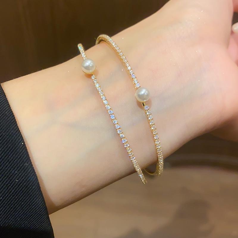 Korean Style Elegant Multi-Layer Pearl & Cubic Zirconia Open Bangle Bracelet