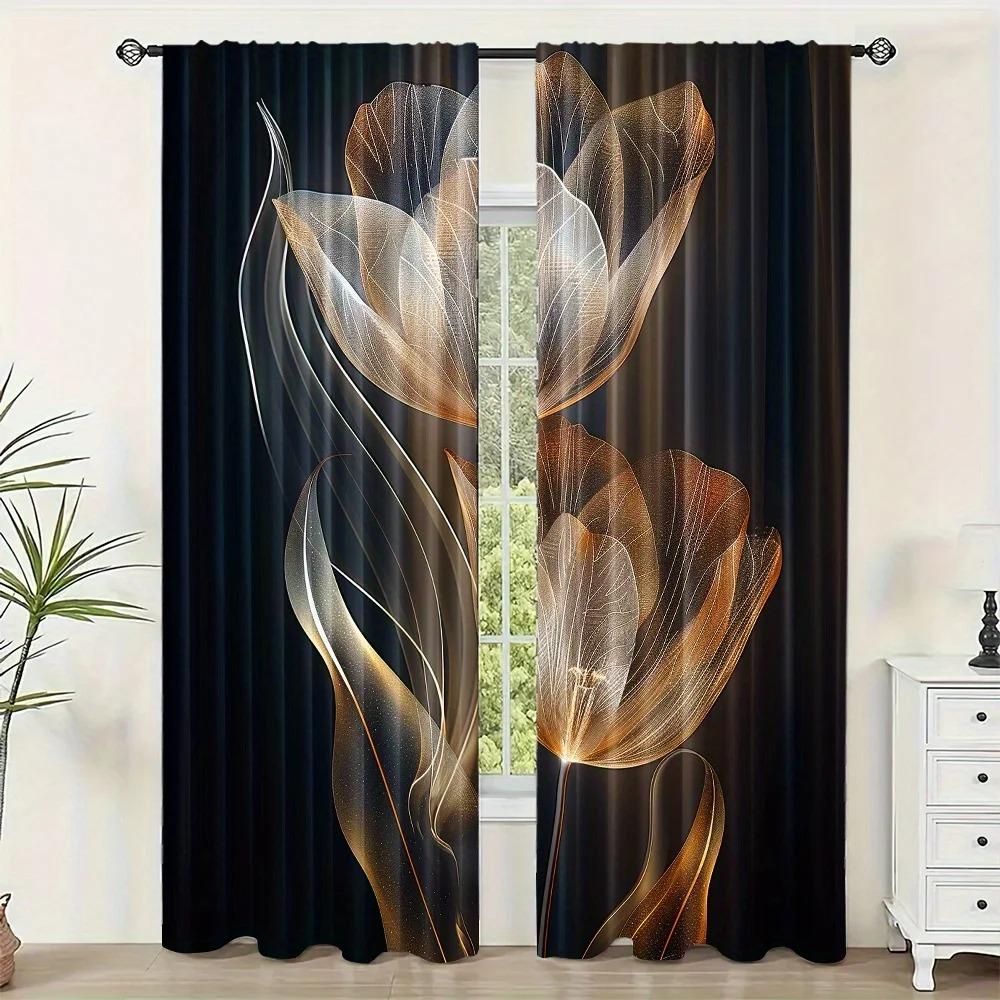 2pcs Set Golden Black Floral Digital Print Curtains Rod Pocket Design For Living Room Kitchen Bedroom Study Contemporary Home
