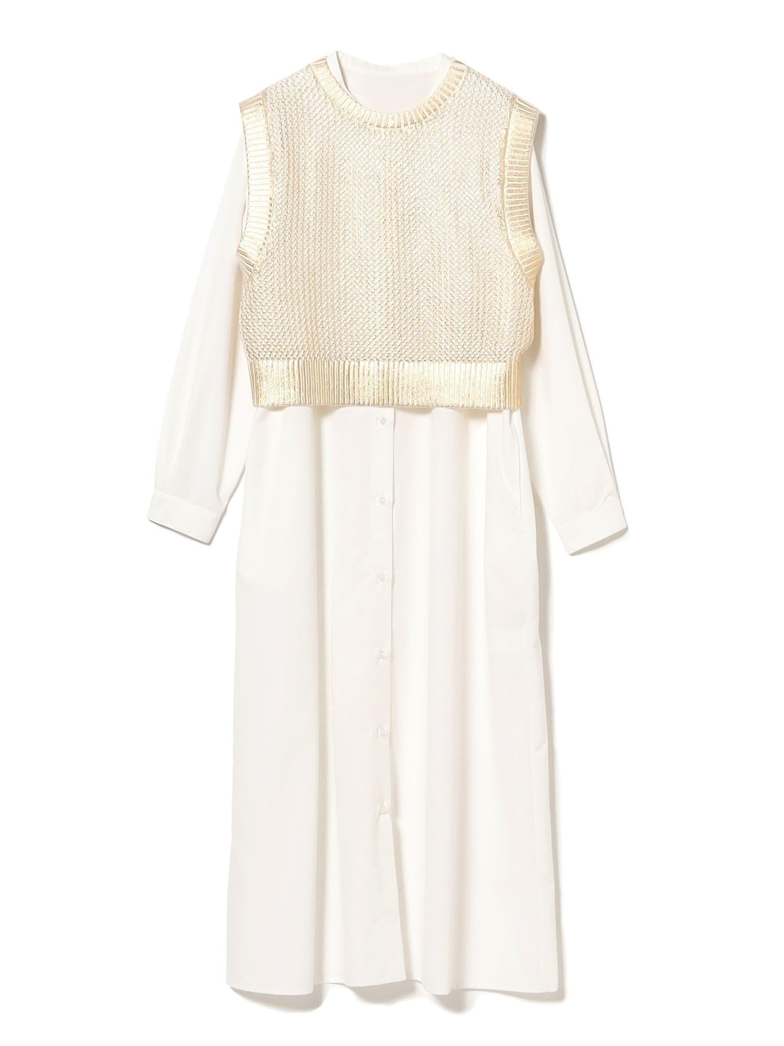 

В:MING LIFE STORE by BEAMS Женский блестящий вязаный жилет и платье-рубашка (Размеры S-M) Белый/Бежевый