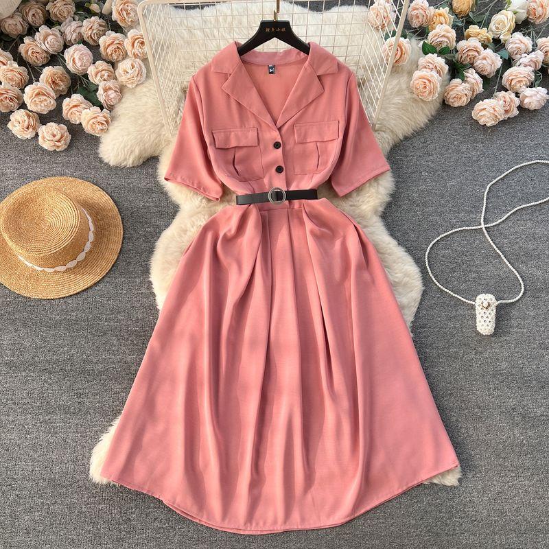 

Tea Break Spring and Summer Elegant V-neck Slim-Fit Short-Sleeved A- line Dress Pink All yards