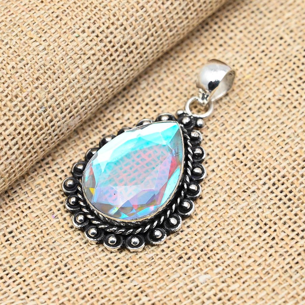 Mystic Topaz natural Gemstone Pendent Jewelry 925 Solid Sterling  Gift Silver For Her