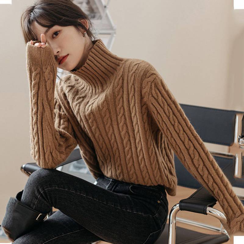 

Solid color bottoming shirt pullover wearing women s semi-turtleneck sweater autumn and winter fashion thickened loose short knitted sweater One size хаки