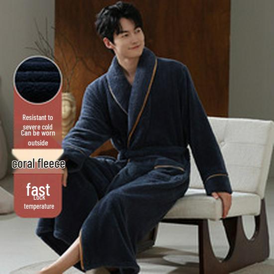 Women's Coral Fleece Long Bathrobe - 2025 Autumn/Winter, Warm & Simple Solid Color Homewear