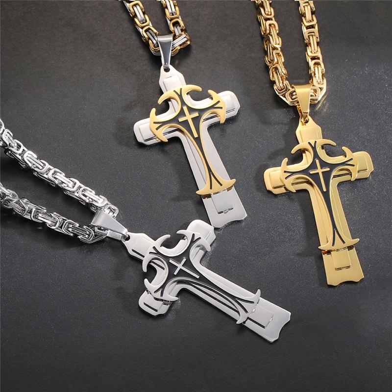 Titanium Steel Long Necklace European And American Domineering Pattern Three Layer Cross Pendant Necklace
