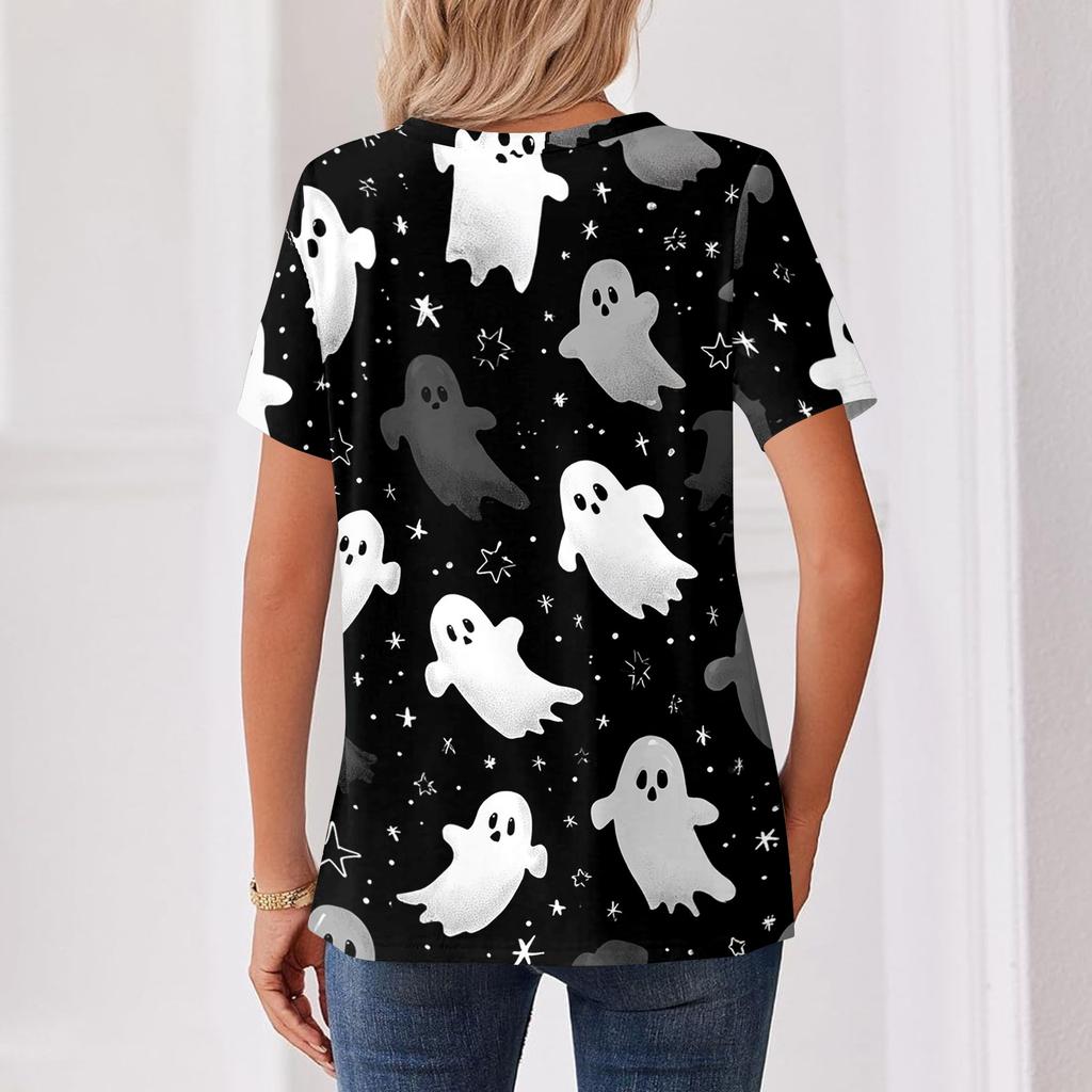 Women's Casual Halloween Print V Neck Short Sleeve Button Front Top Lightweight Comfortable Fit