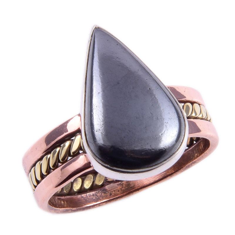 Natural Gunmetal Gemstone Handmade 925 Sterling Silver Two Tone Ring Size 9 G5r74