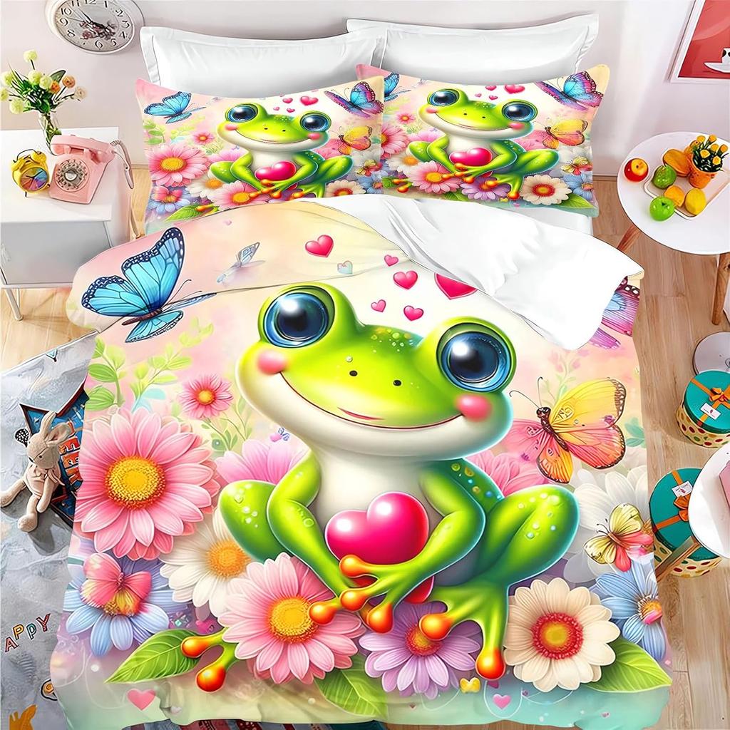 Frog Cute Beddings for Kids Boys Girls Teenage Single Duvet Cover, 3D Cartoon  Frog Quilt Cover and Pillowcase 50×75cm 2 pcs