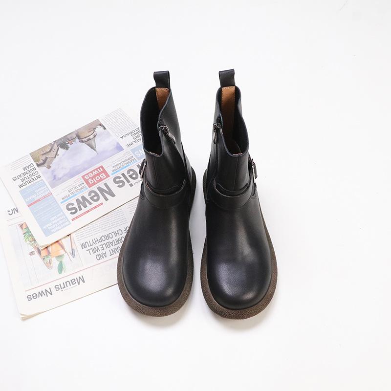 

Johnature Ретро пряжка ремня Натуральная кожа Короткие ботинки Круглый носок Боковая молния Плоская подошва Женские ботинки 40 чёрный