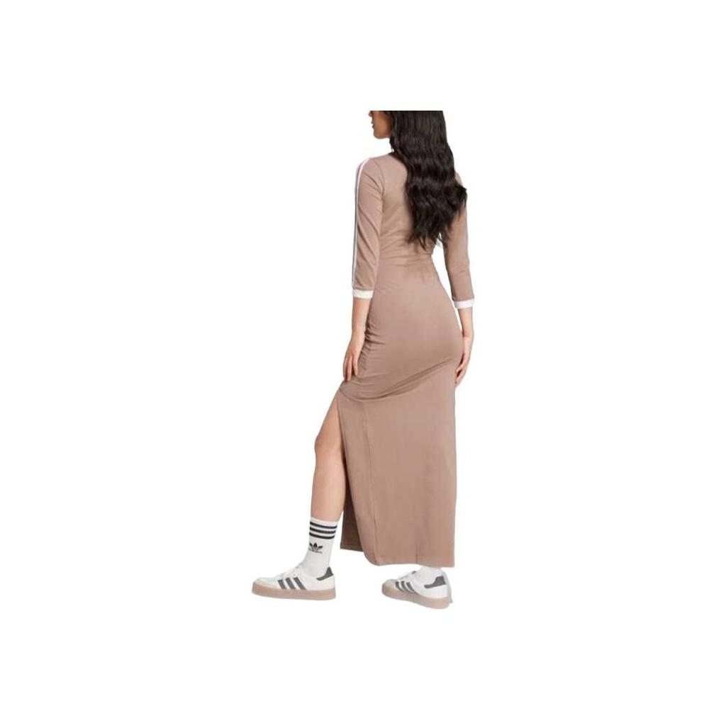 adidas Originals Adicolor Classics Casual Long Side Slit V-Neck Three-Quarter Sleeve Dress Women Dresses Shadow-Brown JX5193