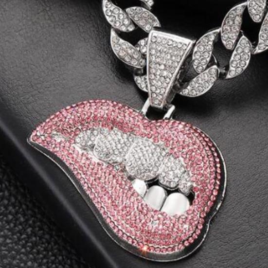 Hip Hop Cuban Link Chain Necklace, Crooked Lip Pendant with Rhinestone, Silver Plated Iced Out Choker Jewelry for Men and Women, Trendy Streetwear