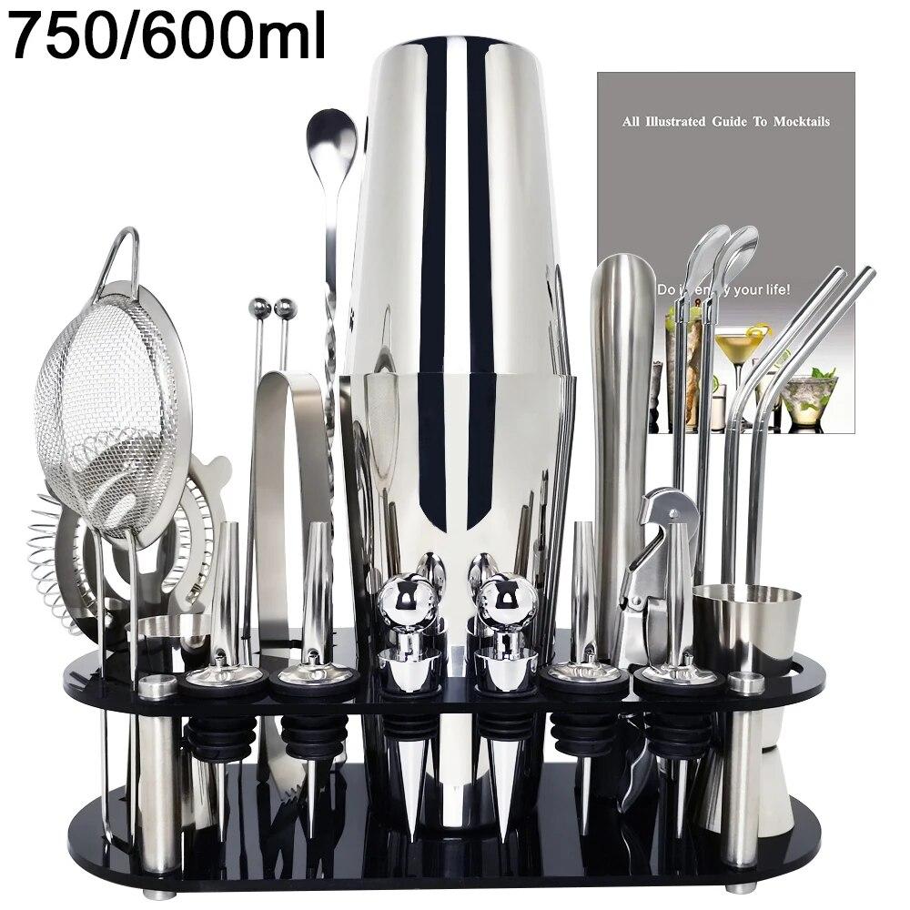 22Pcs 750ml 600ml Boston Cocktail Shaker Bar Tools Wine Mixer Set Bartender 25/20oz Cocktail Shakers Tool Kit with Stand