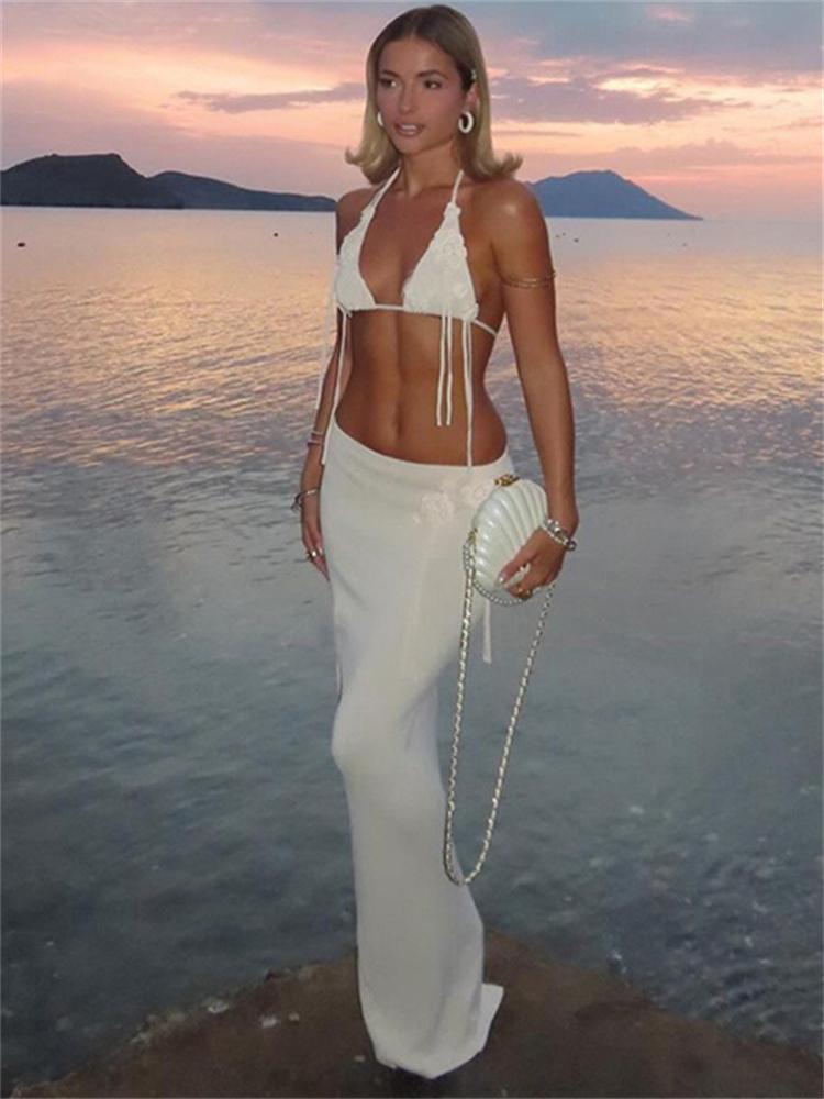 

Модные сексуальные вязаные комплекты с аппликацией, пляжные комплекты с цветочным рисунком Y2k, летние винтажные женские наряды, эстетические милые шикарные комплекты с открытой спиной и кисточками L