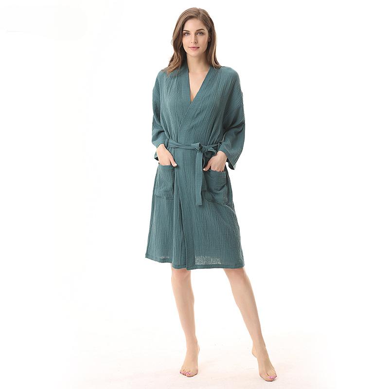 Plain Color Thin Bathrobe Cotton Double Layered Washed Gauze Men's and Women's Yukata Kimono Style Women's Nightgown