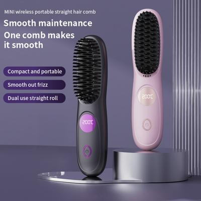 Yousheng Cordless Hair Straightener Brush 3 Temperature Adjustable LED Display Mini Hair Straightening Comb USB Rechargeable Fast Heating Electric Hot