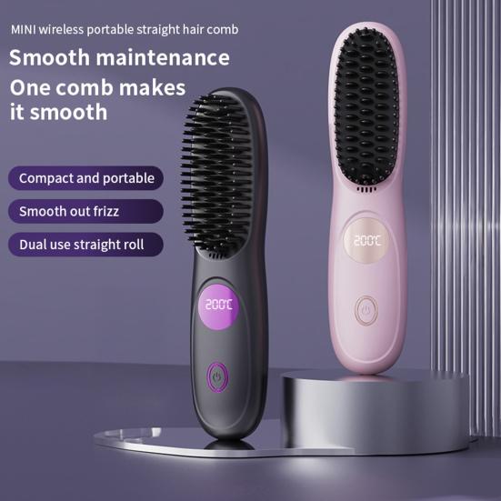 Cordless Hair Straightener Brush with 3 Temperature Settings Portable Mini Hair Comb LED Display USB Rechargeable Fast Heating Electric Hot Brush