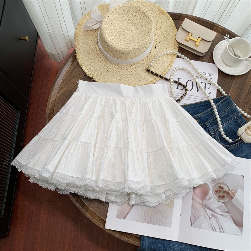 

Sweet College Style~Lace-Edged White Skirt for Women 2026 New Style A-Line Large Hem Three-Layer Puffy Short Skirt White 1 S